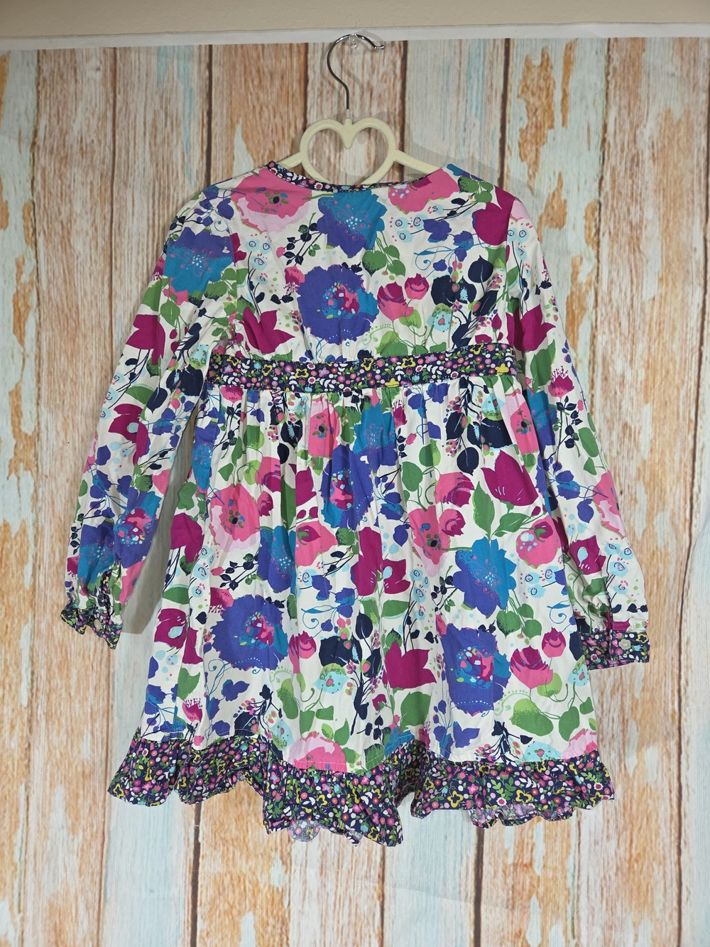 Wonderkids Floral Long-Sleeve Kids Dress - Pink, Blue & Green 100% Cotton. 5T